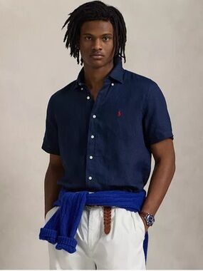 Ralph Lauren Linen Navy Button-Down Shirt with Red Polo Logo Short Sleeve Men’s